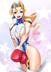  :d bandana blonde_hair blue_bandana blue_eyes blue_leotard boxing_gloves breasts breasts_squeezed_together buckle covered_nipples cowboy_shot curly_hair earrings female gloves highres jewelry justice_gakuen large_breasts legs_together leotard long_hair looking_at_viewer o-ring open_mouth parted_bangs purple_background red_gloves seed01010 shiny_skin shiritsu_justice_gakuen smile solo standing star_(symbol) starry_background thighhighs thighs tiffany_lords underboob white_thighhighs 