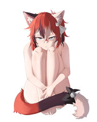  absurdres ameiarts animal_ear_fluff animal_ears borrowed_character brown_hair calico cat_ears cat_girl cat_tail completely_nude female freckles full_body highres hugging_own_legs ivy_(nyaivie) legs_together long_hair looking_at_viewer multicolored_hair nude original ponytail red_hair sitting tail white_hair 