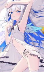  absurdres alternate_costume amane_kanata angel_wings arm_on_own_head arm_up armpits bandage_on_thigh bandages bed_sheet black_panties blue_eyes blue_hair blush breasts colored_inner_hair dress dress_ribbon feathered_wings female frilled_dress frills grey_hair hair_intakes highres hololive long_hair lying multicolored_hair nama_tt1786 on_side open_clothes open_dress panties ribbon ribbon_panties small_breasts solo stomach thighs unbuttoned unbuttoned_dress underwear virtual_youtuber white_dress white_wings wings 