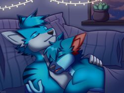  4:3 absurd_res anthro bedding blanket blue_body blue_fur blue_hair canid canine closed_eyes cuddling duo folfy_blue frostywolf44 fur hair hi_res hybrid light_stripes male male/male mammal mouth_closed night open_mouth pillow plant sleeping window yukiin 