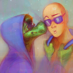  1:1 anthro bald baryonyx cavemanon_studios closed_eyes clothing colored dinosaur duo extinct eyebrows eyewear female glasses green_body green_hair green_scales hair hi_res hoodie human i_wani_hug_that_gator inco_(iwhtg) interspecies kadalsaurus male mammal medium_hair nuzzling olivia_halford open_mouth prehistoric_species raised_eyebrow reptile scales scalie shaded shirt_collar smile spinosaurid sunglasses teeth theropod topwear 