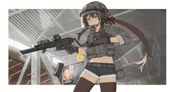  ammunition_pouch black_gloves black_shorts black_thighhighs blue_eyes border brown_hair bulletproof_vest closed_mouth combat_helmet ear_protection female frown gloves grey_shirt gun hair_ribbon helmet highres indoors laser_sight long_hair long_sleeves looking_ahead magazine_(weapon) microphone midriff navel optical_sight original ponytail pouch ribbon rifle shirt short_sleeves shorts sidelocks sig_mcx sleeves_rolled_up smoke solo suppressor termichan_(not-a-bot) thighhighs trigger_discipline vertical_foregrip virtual_youtuber visor_(armor) weapon whiskey_project white_border xerbatt 