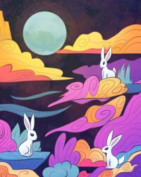  2024 4:5 abstract ambiguous_gender black_background black_eyes cloud feral full_moon group hi_res lagomorph leporid mammal miso_souperstar moon moon_rabbit night no_pupils nude outside pink_inner_ear pink_nose plant rabbit shrub simple_background tail trio 