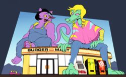  2022 3_toes 4_toes alligator alligatorid anthro blonde_hair bratty_(undertale) catty_(undertale) convenience_store crocodilian domestic_cat duo feet felid feline felis female fur green_body green_scales hair hi_res macro mammal overweight overweight_anthro overweight_female purple_body purple_fur reptile scales scalie silverscarf sitting_on_building smile store toes undertale_(series) yellow_sclera 