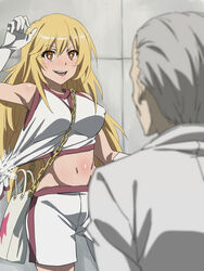  1boy :d bag bare_shoulders blonde_hair breasts bright_pupils brown_eyes commentary_request covered_navel elbow_gloves female gloves gym_shirt gym_shorts gym_uniform hand_up handbag highres ice indoors kihara_gensei large_breasts long_hair looking_at_another midriff navel no_emblem nomanota old old_man restrained shiny_skin shirt shokuhou_misaki short_shorts shorts sleeveless sleeveless_shirt smile sparkling_eyes star-shaped_pupils star_(symbol) star_print stomach symbol-shaped_pupils teeth toaru_kagaku_no_railgun toaru_kagaku_no_railgun_t toaru_majutsu_no_index tokiwadai_school_gym_uniform upper_teeth_only white_gloves white_pupils white_shirt white_shorts 