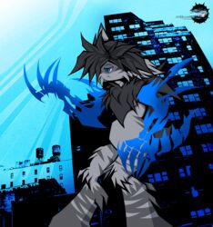  1_eye 2000s_(media) absurd_res blue_eyes city city_background claws deishun_(species) fan_character fin fin_hair fur grey_body grey_fin grey_fur hi_res ianmata1998 kingdom_hearts_3 male monster noise pseudo_hair serious serious_face solo square_enix tail the_world_ends_with_you 