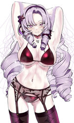  absurdres armpits bra breasts chest_tattoo commentary_request drill_hair drill_sidelocks female garter_straps hairband highres hyakumantenbara_salome lingerie long_hair looking_at_viewer midriff navel nijisanji panties purple_eyes purple_hair purple_hairband purple_ribbon red_bra ribbon sakurein scorpion_tattoo sidelocks smile solo tattoo thighhighs toned toned_female underwear virtual_youtuber 