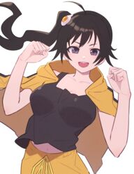  ahoge araragi_karen bakemonogatari black_eyes black_tank_top breasts brown_hair choppy_bangs clenched_hands collarbone egg_hair_ornament female food-themed_hair_ornament hair_flaps hair_ornament hands_up highres jacket jacket_on_shoulders large_breasts looking_at_viewer midriff_peek monogatari_(series) navel open_mouth pants shimizu_tomoki side_ponytail simple_background smile solo tank_top teeth upper_body upper_teeth_only v-shaped_eyebrows white_background yellow_jacket yellow_pants 