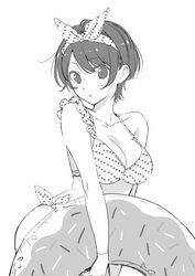  ass bare_arms bare_shoulders bikini blush breasts cleavage collarbone doughnut food frilled_bikini frills headband highres hirayama_kanna holding_floatie kanojo_okarishimasu large_breasts looking_at_viewer monochrome polka_dot polka_dot_bikini sarashina_ruka short_hair standing swimsuit white_background 