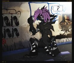  2000s_(media) black_body black_fur confusion deishun_(species) effects fan_character fin fin_hair fur graffiti graffiti_on_wall hair hi_res ianmata1998 kingdom_hearts_3 male monster poster pseudo_hair purple_eyes purple_fin purple_hair solo square_enix street tail the_world_ends_with_you 