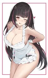  :q absurdres apron black_hair breasts commission elvandec female frilled_apron frills highres large_breasts leaning_forward lethe_bonapuchi long_hair looking_at_viewer multicolored_hair naked_apron pink_eyes pink_hair production_kawaii second-party_source sideboob solo streaked_hair tongue tongue_out very_long_hair virtual_youtuber white_apron white_background 