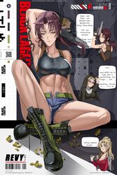  3girls abs absurdres arm_tattoo arm_up balalaika_(black_lagoon) bare_legs beretta_92 black_lagoon black_tank_top boots breasts brown_hair copyright_name crop_top denim denim_shorts eda_(black_lagoon) english_text full_body gun handgun highres holding holding_gun holding_weapon large_breasts midriff mikey_pie multiple_girls navel ponytail profanity revy_(black_lagoon) shell_casing shorts sitting solo_focus speech_bubble stomach tank_top tattoo thighs weapon 