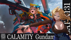  ahoge armor bazooka_(gundam) beam_cannon belt black_belt blonde_hair blue_dress breasts brown_shirt calamity_gundam character_name cleavage commentary_request dress english_commentary female floating_hair green_eyes gundam gundam_seed headgear holding holding_weapon humanization large_breasts long_hair looking_at_viewer mecha_musume mixed-language_commentary multiple_views open_mouth outstretched_arm paid_reward_available parted_lips qr_code scoop_neck shirt shoulder_cannon sleeveless sleeveless_dress smile teeth tom-neko_(zamudo_akiyuki) twitter_username v-fin v-shaped_eyebrows weapon 