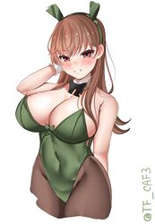  adapted_costume animal_ears blush bow bowtie breasts brown_eyes brown_hair brown_pantyhose cleavage covered_navel detached_collar fake_animal_ears female green_leotard highres kantai_collection large_breasts leotard long_hair ooi_(kancolle) pantyhose playboy_bunny rabbit_ears simple_background solo strapless strapless_leotard tf_cafe traditional_bowtie twitter_username white_background wrist_cuffs 