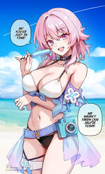  aqua_eyes arm_under_breasts artist_name bare_shoulders beach belt bikini black_bikini black_choker blue_belt blue_jacket blue_ribbon blue_sarong blue_sky blush breasts camera choker cleavage cloud cloudy_sky collarbone commentary day earrings english_commentary english_text eyelashes female fingernails food foxyreine gradient_jacket gradient_ribbon gradient_sarong hair_between_eyes hair_intakes highres holding holding_food holding_popsicle honkai:_star_rail honkai_(series) jacket jewelry large_breasts light_blush lips looking_at_viewer march_7th_(honkai:_star_rail) medium_hair navel ocean open_mouth outdoors patreon_logo patreon_username pink_eyes pink_hair pink_jacket pink_lips pink_ribbon pink_sarong popsicle raised_eyebrows ribbon ribbon_earrings sand sarong signature single_earring skindentation sky smile solo speech_bubble standing stomach swimsuit teeth thigh_strap thighs tied_jacket two-tone_eyes two-tone_ribbon upper_teeth_only web_address white_bikini 