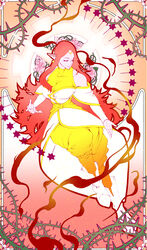  absurdres ankle_boots art_nouveau boots border breasts chronoa circlet clinrollmuri closed_eyes closed_mouth colored_skin detached_sleeves dragon_ball dragon_ball_heroes earrings female flower full_body gold_circlet halo highres jewelry large_breasts long_hair mechanical_halo off_shoulder open_hands ornate_border pants pink_hair pink_skin plant pointy_ears potara_earrings shirt sleeveless sleeveless_turtleneck solo tarot tarot_(medium) thorns turtleneck very_long_hair vines white_footwear yellow_pants yellow_shirt 