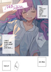  absurdres blue_archive blue_hair dio_nand drooling english_text female highres long_hair long_sleeves lying multicolored_hair navel on_back open_mouth pajamas pink_hair reisa_(blue_archive) sleeping solo two-tone_hair white_pajamas 