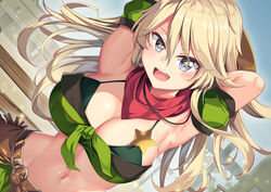  :d armpits arms_up bandeau bare_shoulders belt blonde_hair blue_eyes breasts brown_belt cleavage collarbone commentary_request cosplay cowboy_hat cowboy_shot detached_sleeves dutch_angle female fence front-tie_top green_bandeau green_skirt green_sleeves groin hair_between_eyes hat hat_on_back holster iowa_(kancolle) kantai_collection large_breasts light_particles long_hair looking_at_viewer midriff navel outdoors puffy_detached_sleeves puffy_sleeves red_scarf scarf sheriff_badge sidelocks skirt smile solo standing star_(symbol) taiki_shuttle_(umamusume) taiki_shuttle_(umamusume)_(cosplay) teeth umamusume upper_teeth_only wooden_fence yasume_yukito 