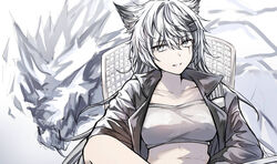  animal_ears arknights bandeau commentary_request crop_top female grey_eyes grin highres kiyakyuu lappland_(arknights) long_hair looking_at_viewer midriff smile solo strapless tube_top upper_body very_long_hair white_hair wolf_ears 