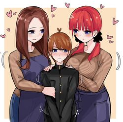  1boy 2girls :d :o age_difference aged_up antenna_hair apron aunt_and_nephew black_scrunchie black_shirt blue_eyes blunt_bangs blush border breast_press breasts brown_hair brown_shirt casual clenched_teeth commentary embarrassed eyebrows_hidden_by_hair fidgeting girl_sandwich go-toubun_no_hanayome hair_ornament hair_scrunchie heart highres hug hug_from_behind large_breasts long_hair long_sleeves looking_at_another looking_to_the_side low_twintails mame1645 motion_lines multiple_girls nakano_miku nakano_nino nose_blush official_alternate_hairstyle open_mouth original purple_apron red_hair sandwiched school_uniform scrunchie shirt short_hair simple_background smile sweatdrop symbol-only_commentary teeth twintails v_arms white_border yellow_background 