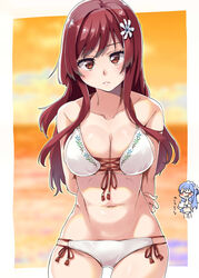  22/7 absurdres arm_behind_back bikini border breasts cleavage collarbone cowboy_shot female flower hair_flower hair_ornament highres kisairo_kaede long_hair looking_at_viewer maruyama_akane navel parted_lips red_eyes red_hair sato_reika sidelocks solo_focus straight_hair sweatdrop swimsuit white_bikini white_border white_flower 