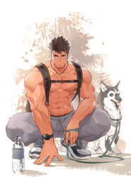  1boy abs animal backpack bag bara bare_pectorals biceps bottle brown_eyes brown_hair canine facial_hair goatee_stubble highres holding holding_leash jewelry large_pectorals leash male_focus muscular muscular_male necklace nikism nipples original pants pectorals shoes sneakers squatting stubble sweatpants topless_male watch water_bottle wristwatch 