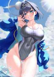  absurdres blue_eyes blue_hair blue_jacket blue_sky breasts chain_headband chains cloud competition_swimsuit covered_navel curio_(curiofinity) day english_commentary female grey_one-piece_swimsuit hair_intakes highres hololive hololive_english jacket large_breasts looking_at_viewer multicolored_clothes multicolored_swimsuit one-piece_swimsuit open_clothes open_jacket ouro_kronii outdoors parted_lips short_hair sky solo standing striped_clothes striped_one-piece_swimsuit swimsuit virtual_youtuber wading water 