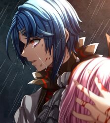  1boy alcryst_(fire_emblem) ascot blood blood_on_hands blue_hair commentary_request crying crying_with_eyes_open female fire_emblem fire_emblem_engage from_side hair_ornament hairclip highres holding injury lapis_(fire_emblem) looking_to_the_side pink_hair profile rain red_eyes short_hair tears wet wet_hair white_ascot yozu_(yozu0420) 