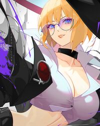  alternate_color alternate_eye_color alternate_hair_color black_choker black_headwear blonde_hair blue_eyes breasts choker cleavage female guilty_gear guilty_gear_strive hat highres i-no ian_olympia large_breasts looking_at_viewer mole mole_above_mouth purple-tinted_eyewear red_lips short_hair sunglasses tinted_eyewear venus_symbol witch_hat 