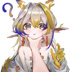  ? absurdres arknights bare_shoulders blonde_hair blue_hair colored_extremities commentary dragon_girl dragon_horns earrings female green_eyes grey_hair hair_between_eyes hair_intakes highres horns jewelry liebebento_(dosilan) light_blush long_hair looking_at_viewer meme multicolored_hair off_shoulder orange_pupils pointy_ears pov pov_cheek_grabbing_(meme) pov_hands shu_(arknights) simple_background white_background 