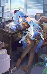  absurdres ahoge bare_shoulders bell black_pantyhose blue_flower blue_hair blush breasts chair chinese_knot detached_sleeves feet female flower flower_knot ganyu_(genshin_impact) genshin_impact glaze_lily gold_trim head_rest highres horns indoors light_smile long_hair looking_at_viewer medium_breasts neck_bell npp_(artist) office pantyhose paper_stack purple_eyes shoes sidelocks sitting soles solo table tassel thighlet toes unworn_shoes vision_(genshin_impact) waist_cape white_sleeves 