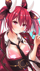  absurdres blush breasts candy cleavage date_a_live female fingernails food highres holding holding_candy holding_food holding_lollipop horns itsuka_kotori lollipop medium_breasts medium_hair minatodori_nagisa necktie red_eyes red_hair sash twintails uniform 