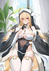  azur_lane bare_shoulders between_breasts black_gloves blonde_hair breast_cutout breasts covered_navel fake_horns female gloves habit hair_between_eyes half_gloves highres horns implacable_(azur_lane) indoors large_breasts long_hair looking_at_viewer nun pelvic_curtain plant potted_plant qing_wu red_eyes revealing_clothes sitting solo thighhighs veins veiny_breasts very_long_hair white_horns white_thighhighs 