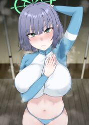  annoyed armpits blue_archive blue_panties breasts crop_top female green_eyes halo hibanachiku highres jacket large_breasts looking_at_viewer midriff multicolored_clothes multicolored_jacket official_alternate_costume panties presenting_armpit purple_hair saki_(blue_archive) saki_(swimsuit)_(blue_archive) short_hair smelly_armpits solo steaming_body stomach sweat sweaty_armpits thighs track_jacket two-tone_jacket underwear 