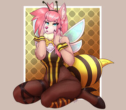  antennae_(anatomy) anthro aurum_(kiit0s) bee_costume bow_(feature) breasts canid canine canis clothing cuffs_(clothing) digitigrade female final_fantasy final_fantasy_vii fishnet_clothing fishnet_legwear footwear hair hi_res high_heels kiit0s kneeling legwear mammal pink_hair solo square_enix wide_hips wings wolf 