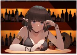  alcohol arknights arm_up armlet bar_(place) bare_shoulders black_choker black_hair black_shirt blue_eyes blurry blurry_background blush bottle breasts bright_pupils brown_tail choker closed_mouth commentary cup drink drinking_glass eunectes_(arknights) female fingernails gold_armlet hand_in_own_hair highres indoors kiso_(wjnomcuzqmdjcql) light_smile looking_at_viewer medium_breasts pointy_ears shirt short_hair sleeveless sleeveless_shirt solo spaghetti_strap split_mouth tail upper_body white_pupils 