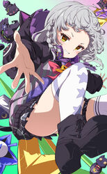  absurdres animal_hood belt black_footwear black_skirt blush bow bowtie braid cat_hood coat commentary_request crescent crescent_hair_ornament cropped_shirt female fumi_(fumibeing) grey_coat grey_hair grey_hoodie hair_ornament highres hololive hood hood_down hoodie long_hair looking_at_viewer murasaki_shion murasaki_shion_(school_uniform) necktie pinstripe_pattern pinstripe_shirt print_hoodie print_thighhighs purple_hood purple_necktie shirt skirt smile solo star_(symbol) star_and_crescent star_print striped_clothes striped_shirt thigh_belt thigh_strap thighhighs thighs vertical-striped_clothes vertical-striped_shirt virtual_youtuber white_thighhighs yellow_eyes 