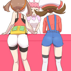  3girls ass brown_hair closed_mouth from_behind hairband hat highres in-franchise_crossover joy_(pokemon) lyra_(pokemon) may_(pokemon) microsd_(pibo) multiple_girls nurse nurse_cap pink_hair pokemon pokemon_(anime) pokemon_(classic_anime) pokemon_center pokemon_hgss pokemon_oras smile 