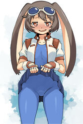  absurdres animal_ears blue_unitard bob_cut breasts brown_hair clothes clothes_lift commentary_request cowboy_shot female fingerless_gloves gloves goggles goggles_on_head highres jacket looking_at_viewer makihara_arina muramasa_mikado nervous_smile open_clothes open_jacket pleated_skirt rabbit_ears short_hair simple_background skirt skirt_lift smile solo sweatdrop waku_waku_7 white_jacket 