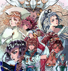  6+girls angelic_layer animal_ears aqua_hair athena_(angelic_layer) badge black_lips blanche_(angelic_layer) blonde_hair blue_eyes blue_sailor_collar blue_thighhighs bodysuit breasts bright_pupils brown_eyes brown_hair capelet cat_ears cat_girl closed_eyes commentary curly_hair dancer dark-skinned_female dark_skin dress earrings elbow_gloves english_commentary etherbeam expressionless eyelashes forehead_jewel gloves gold_earrings gold_necklace green_eyes green_gloves grey_eyes group_picture hat headset helmet highres hikaru_(angelic_layer) holding_headgear hoop_earrings japanese_clothes jewelry kimono large_breasts lipstick long_hair long_sleeves looking_back makeup mao_(angelic_layer) multiple_girls necklace ninja nurse nurse_cap parted_lips pink_eyes pink_hair ponytail ranga_(angelic_layer) red_bodysuit red_gloves red_thighhighs sailor_collar school_uniform shirahime short_hair short_hair_with_long_locks sidelocks smile suzuhara_misaki suzuka_(angelic_layer) thighhighs very_long_hair white_capelet white_dress white_eyeshadow white_hair white_headwear white_helmet white_kimono white_pupils winged_helmet 