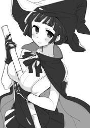  alternate_breast_size bamboo between_breasts blunt_bangs braid braided_bun breasts cape dress female gloves greyscale hair_bun halloween_costume hat higaragi highres kantai_collection monochrome myoukou_(kancolle) sleeveless sleeveless_dress smile solo witch_hat 