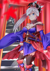  bare_shoulders blue_eyes blue_kimono blush breasts cleavage earrings fate/grand_order fate_(series) female hair_ornament highres japanese_clothes jewelry katana kimono large_breasts len_(hand_linke) long_hair long_sleeves looking_at_viewer miyamoto_musashi_(fate) obi pink_hair ponytail sash short_kimono smile solo swept_bangs sword thighhighs thighs torii weapon wide_sleeves 