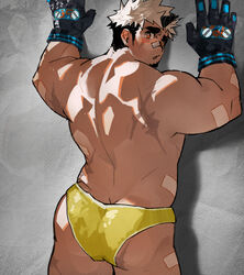  1boy :o against_wall akiha_gongen_(housamo) arms_up ass ass_focus back bandaid bandaid_on_face bandaid_on_nose bara black_gloves blush facial_hair feet_out_of_frame from_behind gloves goatee highres horns long_sideburns looking_at_viewer looking_back male_focus male_swimwear multicolored_hair muscular muscular_male official_alternate_costume shy sideburns single_horn solo swim_briefs thick_eyebrows tokyo_afterschool_summoners topless_male two-tone_hair undercut white_hair yellow_male_swimwear younine01 