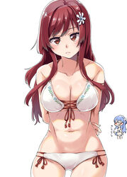  22/7 absurdres arm_behind_back bikini breasts cleavage collarbone cowboy_shot female flower hair_flower hair_ornament highres kisairo_kaede long_hair looking_at_viewer maruyama_akane navel parted_lips red_eyes red_hair sato_reika sidelocks solo solo_focus straight_hair sweatdrop swimsuit white_background white_bikini white_flower 