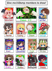  2others 6+boys adapted_costume androgynous apron badboyhalo beanie bird_boy bird_wings black_hair bleach blonde_hair blood blood_vines blue_eyes book brown_hair cake cake_(minecraft) cape character_name chibi chibi_only closed_eyes coat compass cosplay crow_boy crow_wings crown crying demon_boy dream_(youtuber) dream_smp dreamxd eret_(youtuber) everyone eyewear_on_head feathered_wings food friend_the_sheep fur_cape georgenotfound ghostboo glasses goggles goggles_on_head grass green_eyes halo happy hat headband heterochromia highres holding holding_book hood hood_up hoodie horns karl_jacobs long_hair mask minecraft minecraft_youtube multiple_boys multiple_others mushroom_hat necktie official_alternate_costume ph1lza pink_hair puppet_strings quackity record red_cape sapnap scar sheep skeppy slime_(substance) slimecicle smile spiral suit sunglasses suspenders tales_from_the_smp technoblade tommyinnit urahara_kisuke urahara_kisuke_(cosplay) wangling_yinduren white_background wilbur_soot wings wither_(minecraft) yellow_eyes 