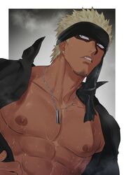  1boy abs bara bare_pectorals black_headband black_shirt blonde_hair borrowed_character facial_hair haiki_(tegusu) headband highres jewelry large_pectorals male_focus muscular muscular_male necklace nipples original pectorals shirt short_hair solo teeth torajiro_(chunchunmen) upper_body 