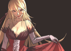  bare_shoulders blonde_hair breasts cleavage collarbone dress elbow_gloves feather-trimmed_dress feather-trimmed_gloves feather_trim female frills gloves hair_ribbon holding holding_clothes holding_dress kiss-shot_acerola-orion_heart-under-blade kizumonogatari large_breasts long_hair looking_at_viewer monogatari_(series) narumi_muran oshino_shinobu pointy_ears red_dress ribbon simple_background smile solo strapless strapless_dress tongue tongue_out vampire very_long_hair white_gloves yellow_eyes 