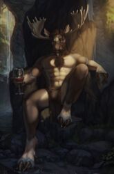  2023 abs anthro antlers b.koal bottomwear chair clothing deer diffuse_moose facial_hair furniture hi_res hooves horn loincloth male mammal moose moustache muscular muscular_anthro muscular_male new_world_deer pecs solo throne waterfall 