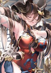  218 animal_ears armpits arms_behind_head asymmetrical_gloves bare_shoulders breasts brown_hair brown_horns butterfly_hair_ornament closed_eyes cosplay covered_navel dress extra_ears female galleon_(granblue_fantasy) gloves granblue_fantasy hair_between_eyes hair_ornament horns lace-trimmed_dress lace_trim large_breasts lingerie long_hair multicolored_hair narmaya_(granblue_fantasy) narmaya_(granblue_fantasy)_(cosplay) pointy_ears smile solo streaked_hair underwear very_long_hair white_gloves 