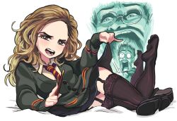  1boy aura black_panties black_skirt black_thighhighs broken_eyewear brown_eyes brown_hair cardigan clothes_lift collared_shirt female garter_straps gashi-gashi grey_cardigan gryffindor half-closed_eyes harry_potter_(series) hermione_granger hogwarts_school_uniform holding holding_wand lace lace_thighhighs legs_up long_hair long_sleeves looking_at_viewer lying necktie no_nose on_side open_mouth panties pinky_out red_necktie round_eyewear school_uniform shirt shoes skirt skirt_lift smile solo_focus striped_necktie thighhighs underwear unworn_shoes wand white_background white_shirt wizarding_world 